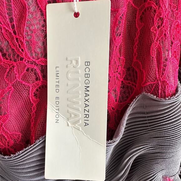 BCBGMAXAZRIA Runway Red Lace & Gray Mesh Ribbon Dress Limited Edition Size 2 NWT - Picture 5 of 10